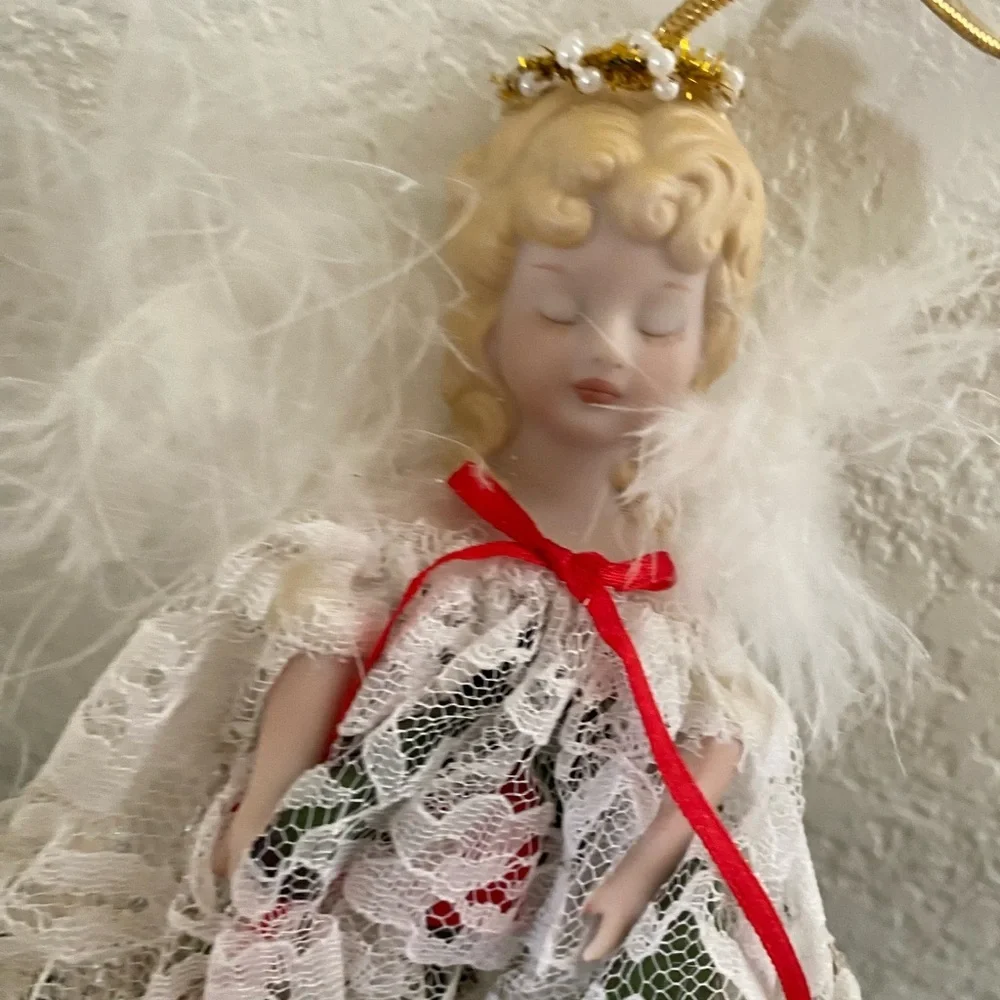 VTG Angel Feather Wings Porcelain Face Ornament Lace Dress Roses Baby Breath 8”L